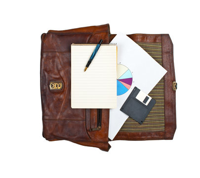 Opened briefcase with old fashioned business equipment