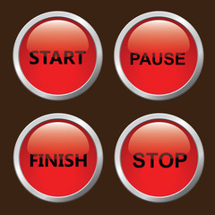 Set of red 3D button. Start, finish, stop, pause.