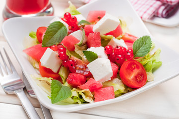 summer salad with watermelon, feta cheese and mint - obrazy, fototapety, plakaty