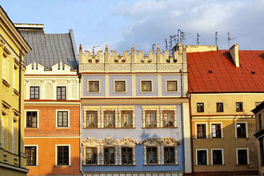 Old buildings in a row in old town of Lublin, Poland