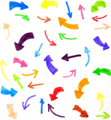 Fototapeta na wymiar Hand-drawn by markers multicolored arrows
