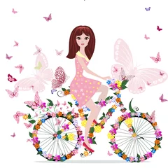 Fotobehang bloemenmeisje op de fiets © Aloksa