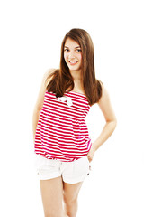Portrait of happy girl teenager. Isolated over white