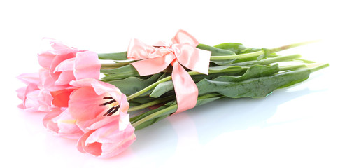 beautiful pink tulips isolated on white.