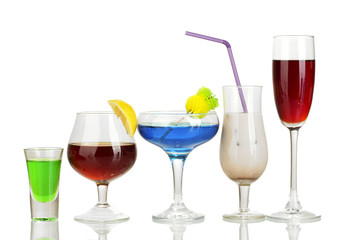 a variety of alcoholic drinks isolated on white