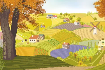 Crédence de cuisine en verre imprimé Ferme Vue depuis une colline sur une ferme en automne.