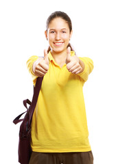Woman showing thumb up, isolated on white background
