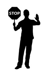 A silhouette of a full length portrait of a man gesturing and ho