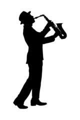 A silhouette of a full length portrait of a man in a suit playin