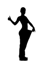 A silhouette of a full length portrait of a weightloss woman giv