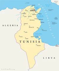 Fotobehang De politieke kaart van Tunesië met hoofdstad Tunis, nationale grenzen, belangrijkste steden, rivieren en meren. Illustratie met Engelse etikettering en schaalverdeling. Vector. © Peter Hermes Furian