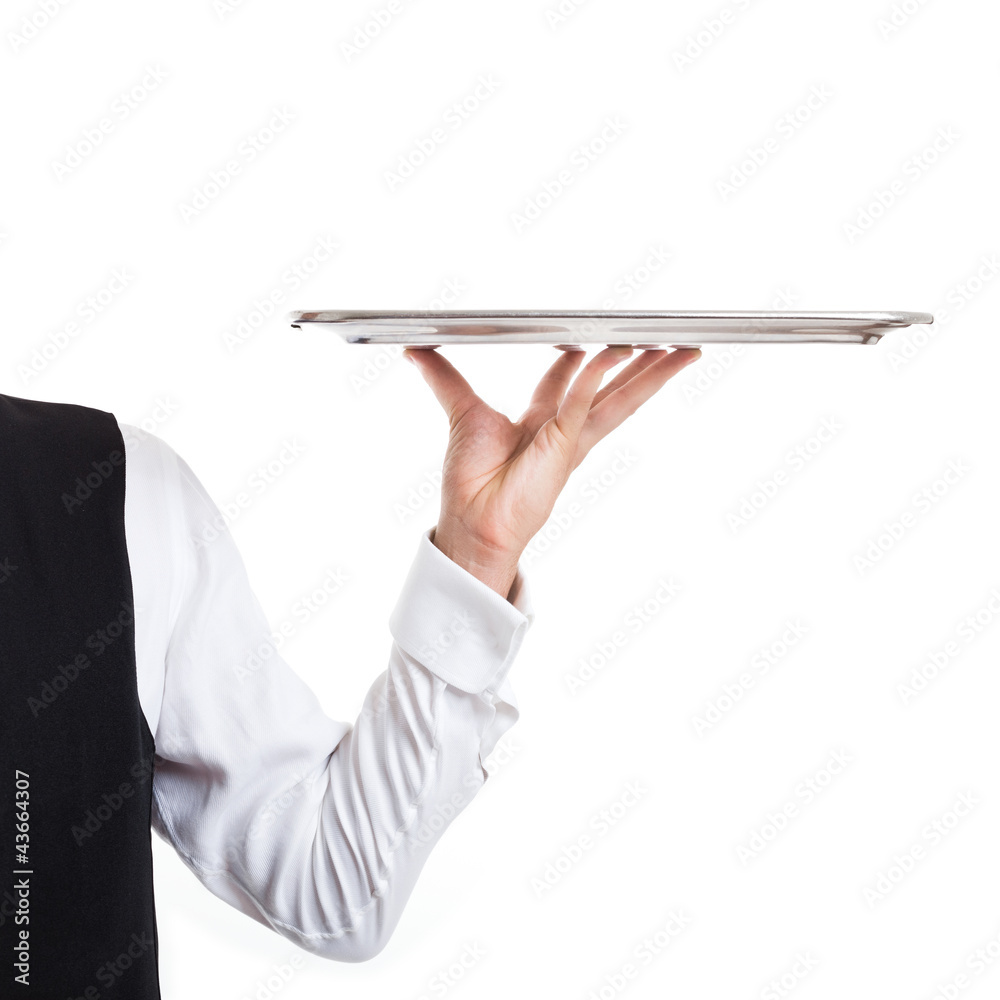 Wall mural Waiter holding a dish. Isolated on white