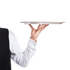 Waiter holding a dish. Isolated on white