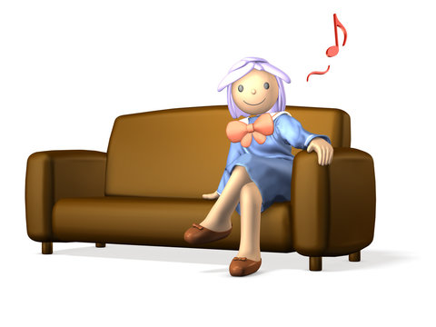 Girl in uniform is  sitting on the sofa.