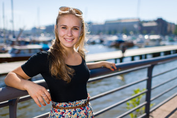 Girl and city harbour