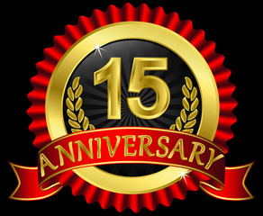 15 years anniversary golden label with ribbons