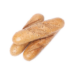 Two freshly baked baguette bread rolls isolated on white