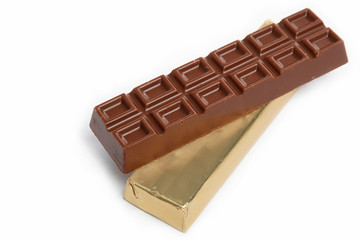 Chocolate bar in foil isolated on white background