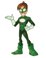 Deurstickers Superhelden Groene Super Boy Hero-presentatie Hand op taille