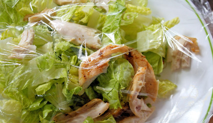 Chicken Salad Covered With Plastic Wrap For Freshness