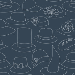Hats and caps seamless pattern in navy blue, vector