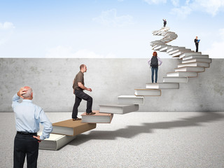 several people climb a ladder made of books to overcome a high wall. concept of knowledge and...