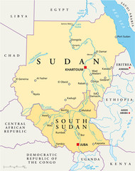 Sudan and South Sudan political map with capitals Khartoum and Juba, with national borders, most important cities, rivers and lakes. Illustration with English labeling and scaling. Vector. - obrazy, fototapety, plakaty