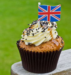 Cup cake with chocolate sprinkles and Union Jack flag