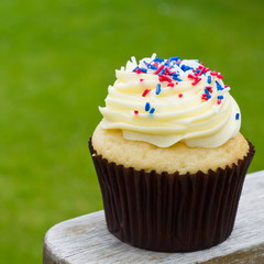 Cup cake with red and blue sprinkles