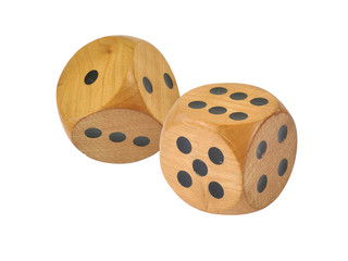 Retro wooden dice, six and one, isolated on white