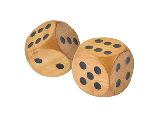 Retro wooden dice, double six, isolated on white