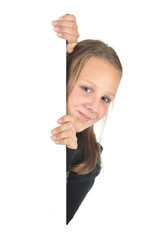 Teenage girl looks around the corner (isolated on white)