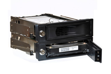 Two SATA RAID computer hardisk cradles isolated on white