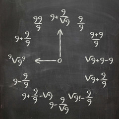 Math clock with all nines on chalkboard