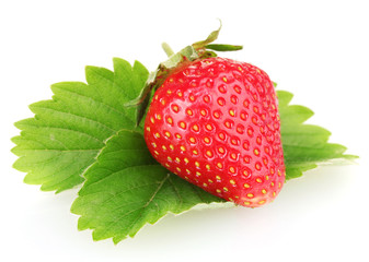 sweet ripe strawberry with leaves isolated on white