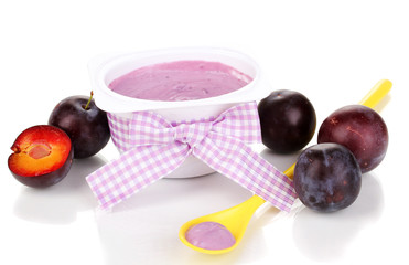 Yogurt with blueberries and plums isolated on white