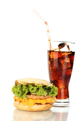 tasty sandwich and glass with cola, isolated on white