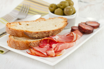prosciutto, sausages and olives on the plate