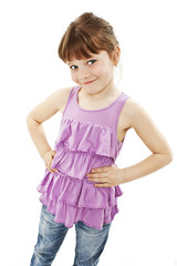 Picture of a funny little girl on a white background