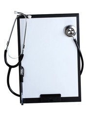 stethoscope and black clipboard isolated on white