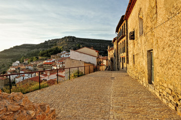 Old small spanish town with mountain view. Ares in Spain.