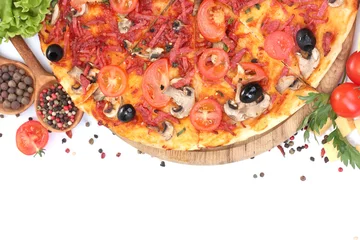 Foto op Plexiglas delicious pizza, vegetables and salami isolated on white. © Africa Studio