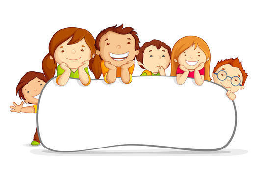 vector illustration of kids standing behind placard