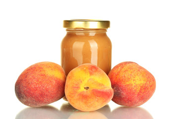Jar with peach baby food isolated on white
