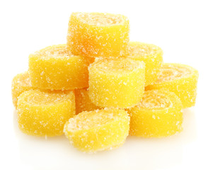 yellow jelly candies isolated on white.