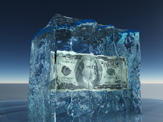 One hundred dollar bill frozen in ice