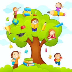 Obraz premium ilustracji wektorowych dzieci studiujących na drzewie edukacji