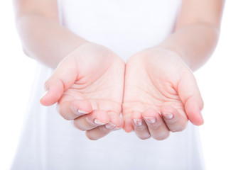 Empty woman hands over body isolated on background.