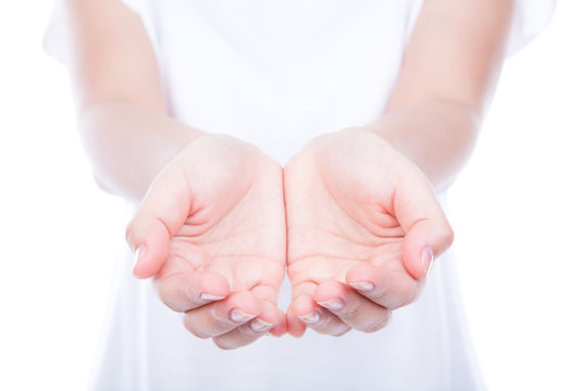 Empty woman hands over body isolated on background.