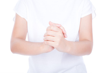 Woman hands over body isolated on background.